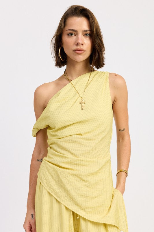 Elsie Asymmetrical Top in Yellow Black Stripe - front view