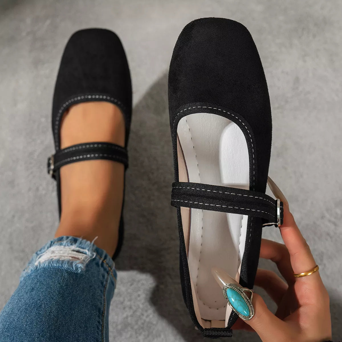 Square toe slip-on flats, side view