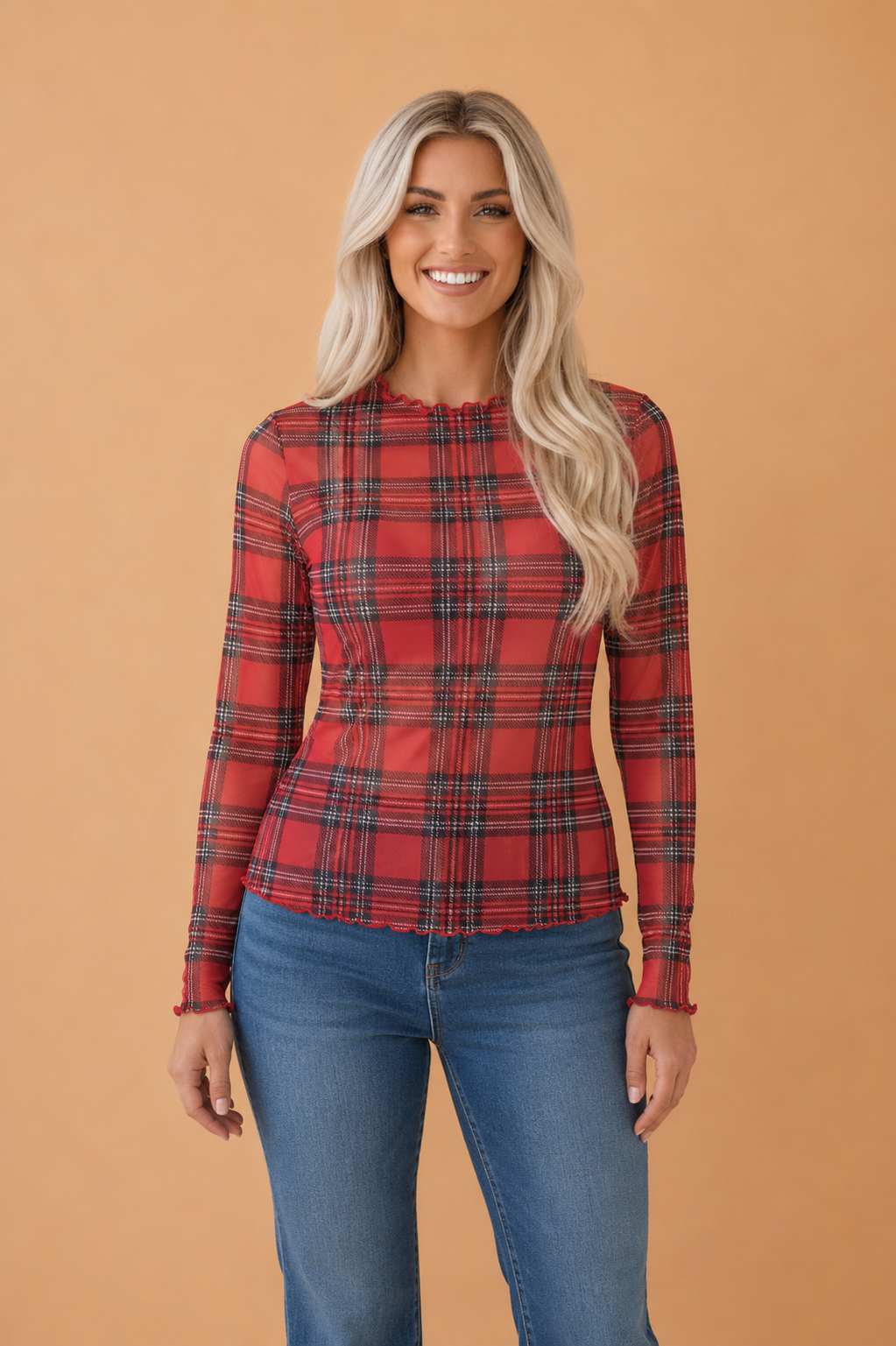 Plaid Mesh Lettuce Trim Top in red, front view