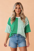 Stripe Colorblock 3/4 Sleeve Loose Tee in Pink Stripe - front view