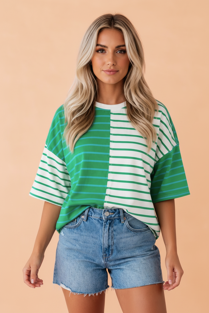 Stripe Colorblock 3/4 Sleeve Loose Tee in Pink Stripe - front view