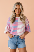 Stripe Colorblock 3/4 Sleeve Loose Tee in Green Stripe - front view