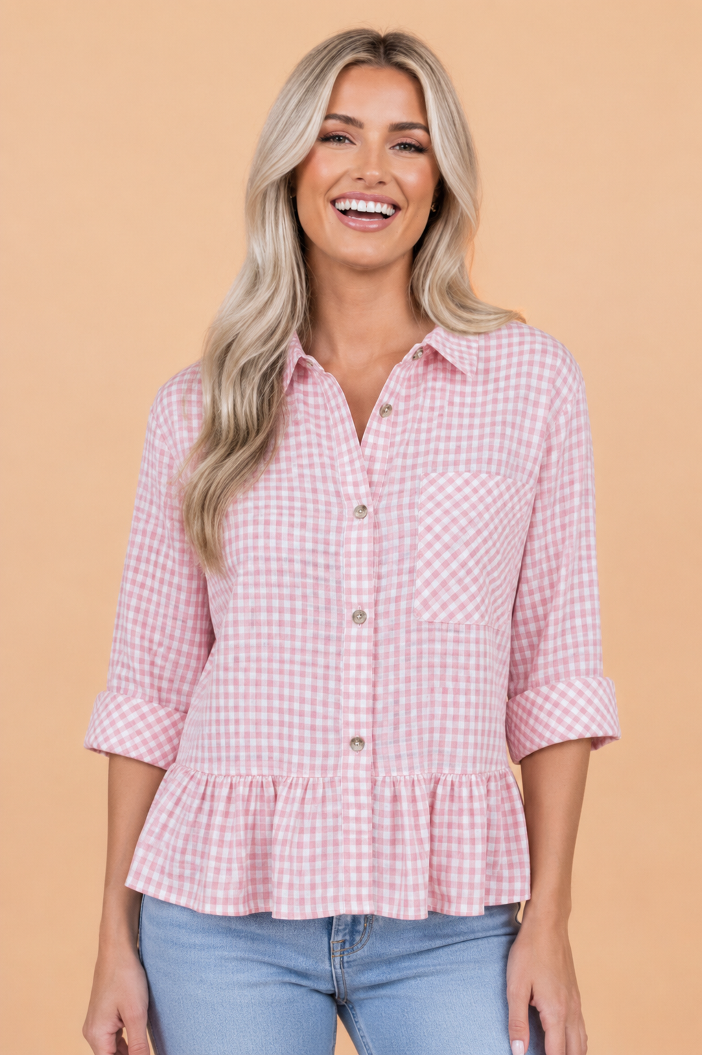 Gingham Plaid 3/4 Sleeve Ruffle Buttoned Shirt in Pink - front view showing ruffle detail