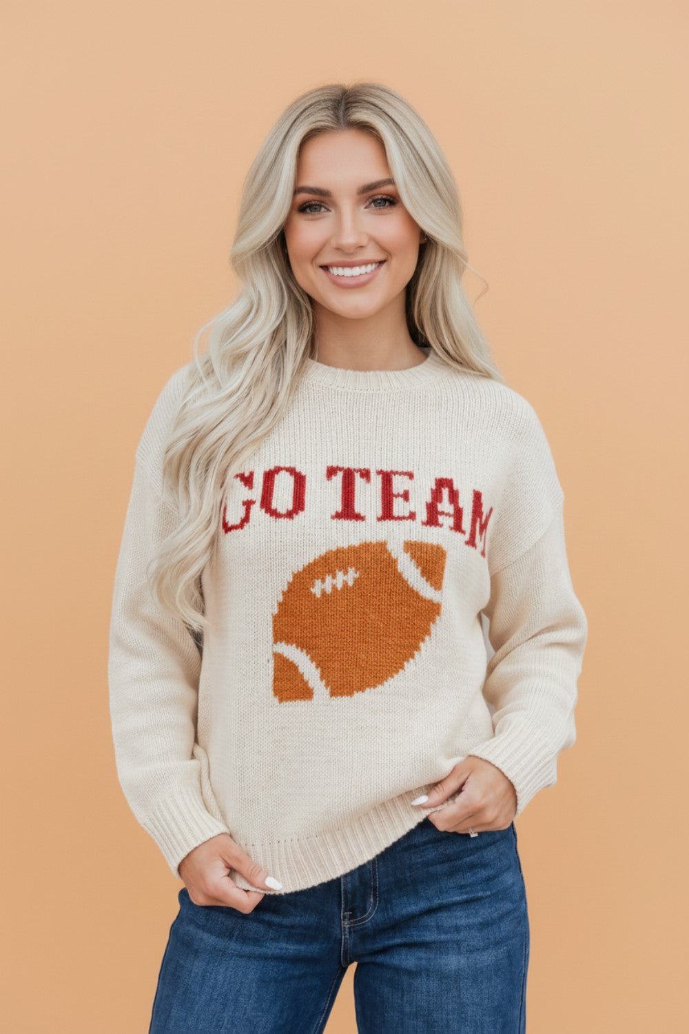 Beige football drop shoulder knit top sweater