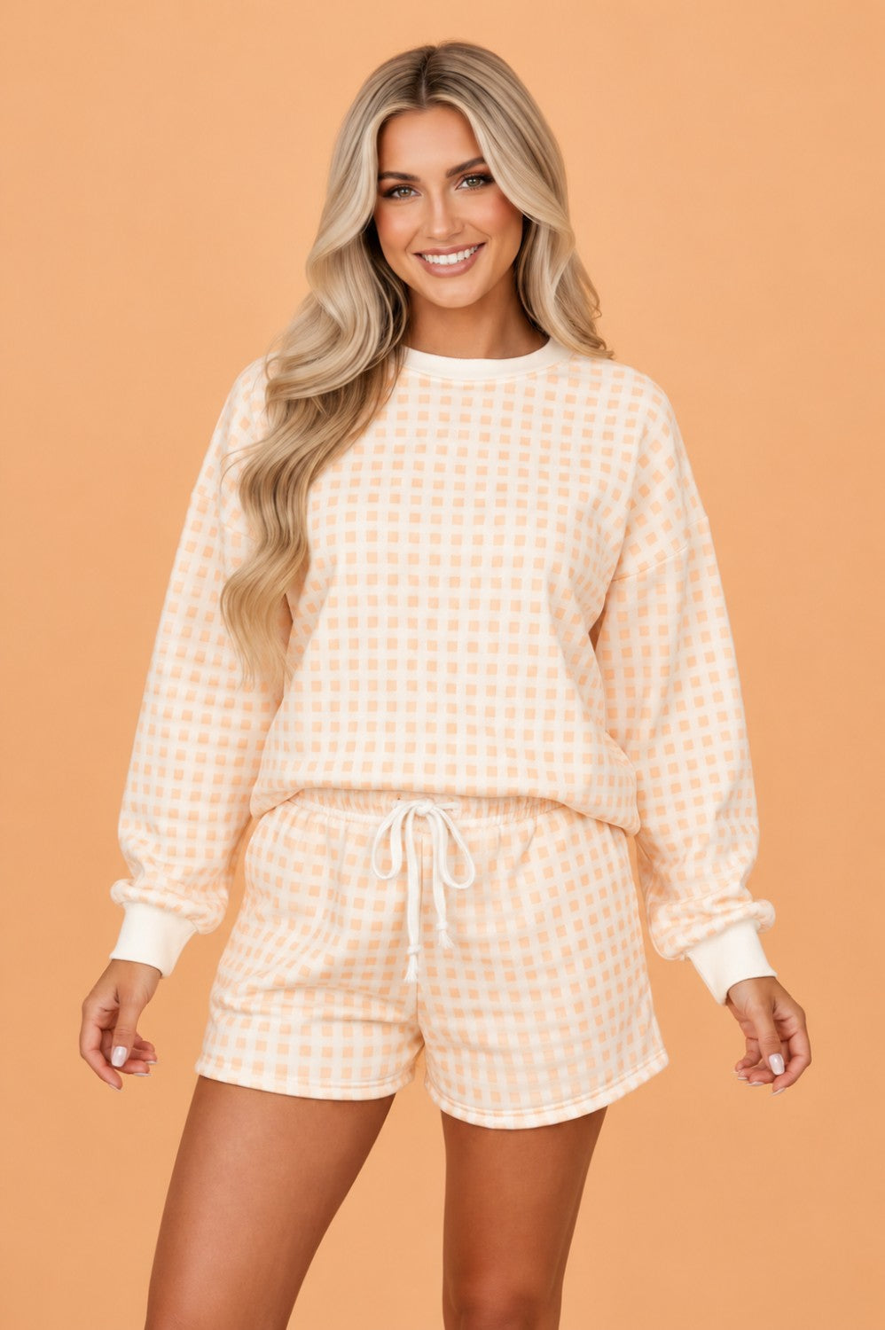Yellow gingham plaid baggy pullover and drawstring shorts set