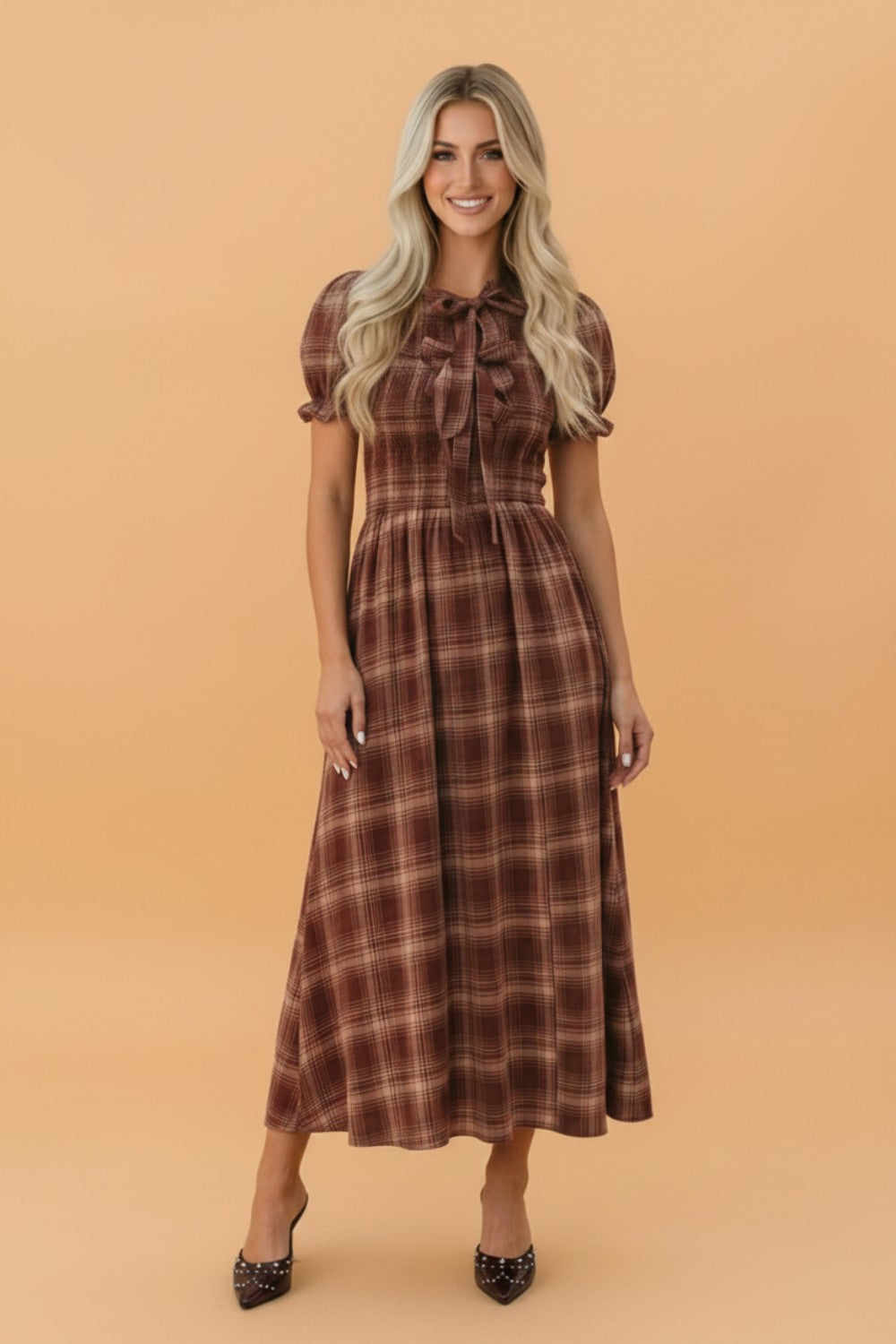 Plaid Vintage Knot Front Smocked High Waist Midi Dress in Red, front view