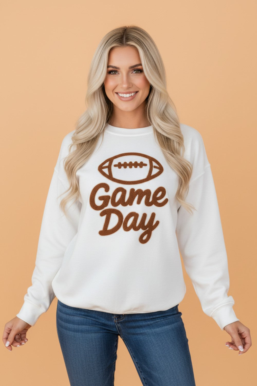 White game day embroidered slogan rugby sweatshirt
