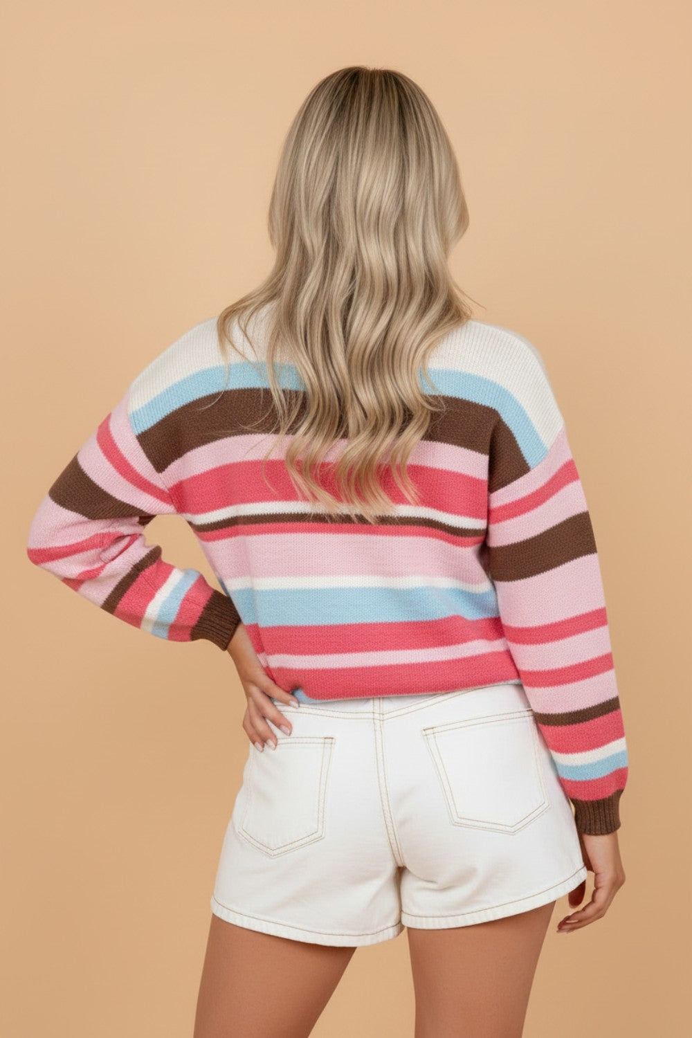 Stripe Colorblock Drop Shoulder Cardigan in pink stripe, detail