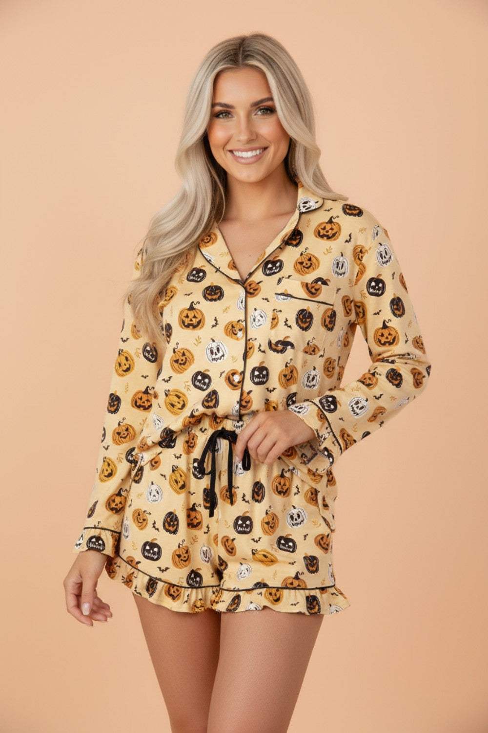 Halloween Jack-O-Lantern Ruffle Top and Shorts Lounge Set in Orange, front view