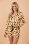 Halloween Jack-O-Lantern Ruffle Top and Shorts Lounge Set in Orange, front view
