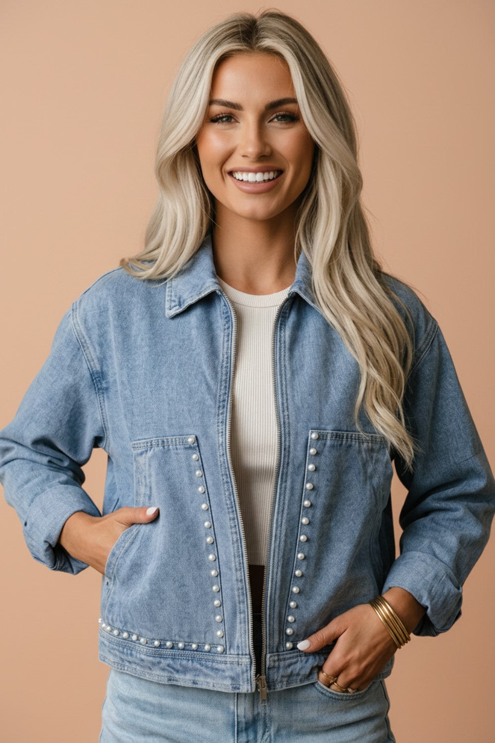 Denim Studded Pocket Zip-Up Jacket in beau blue, front view