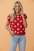 Red polka dot knit vest with button front and round neck