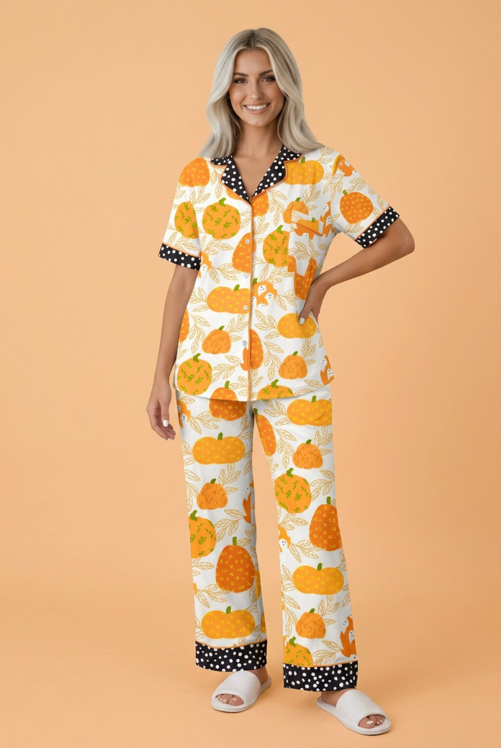 Pumpkin Polka Dot Trim Lounge Set in orange, front view