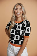 Halloween Ghost Checker Short Sleeve Knit Top in White, front view