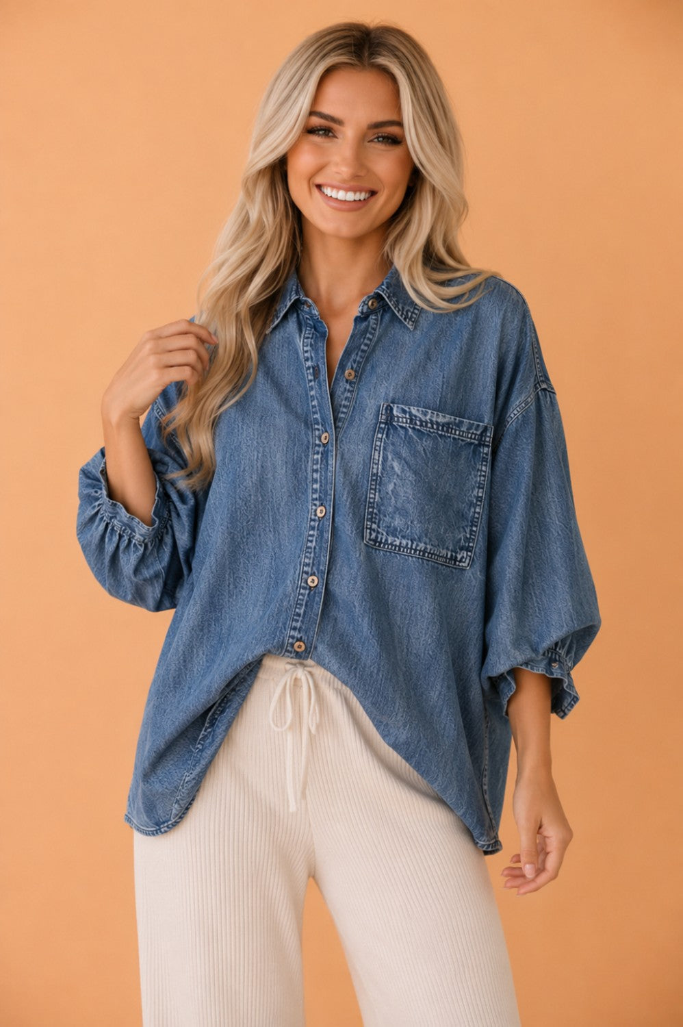 Denim Chest Pocket Button Shirt in dusk blue, front view