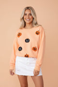 Halloween Embroidered Jack-O-Lantern Drop Shoulder Sweatshirt, front view