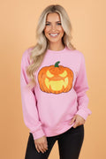 Halloween Embroidered Jack-O-Lantern Sweatshirt in Pink, front view