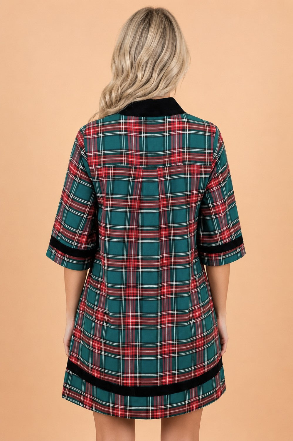 Plaid Velvet Contrast Trim 3/4 Sleeve Mini Dress, detail view