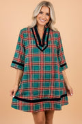 Plaid Velvet Contrast Trim 3/4 Sleeve Mini Dress, front view