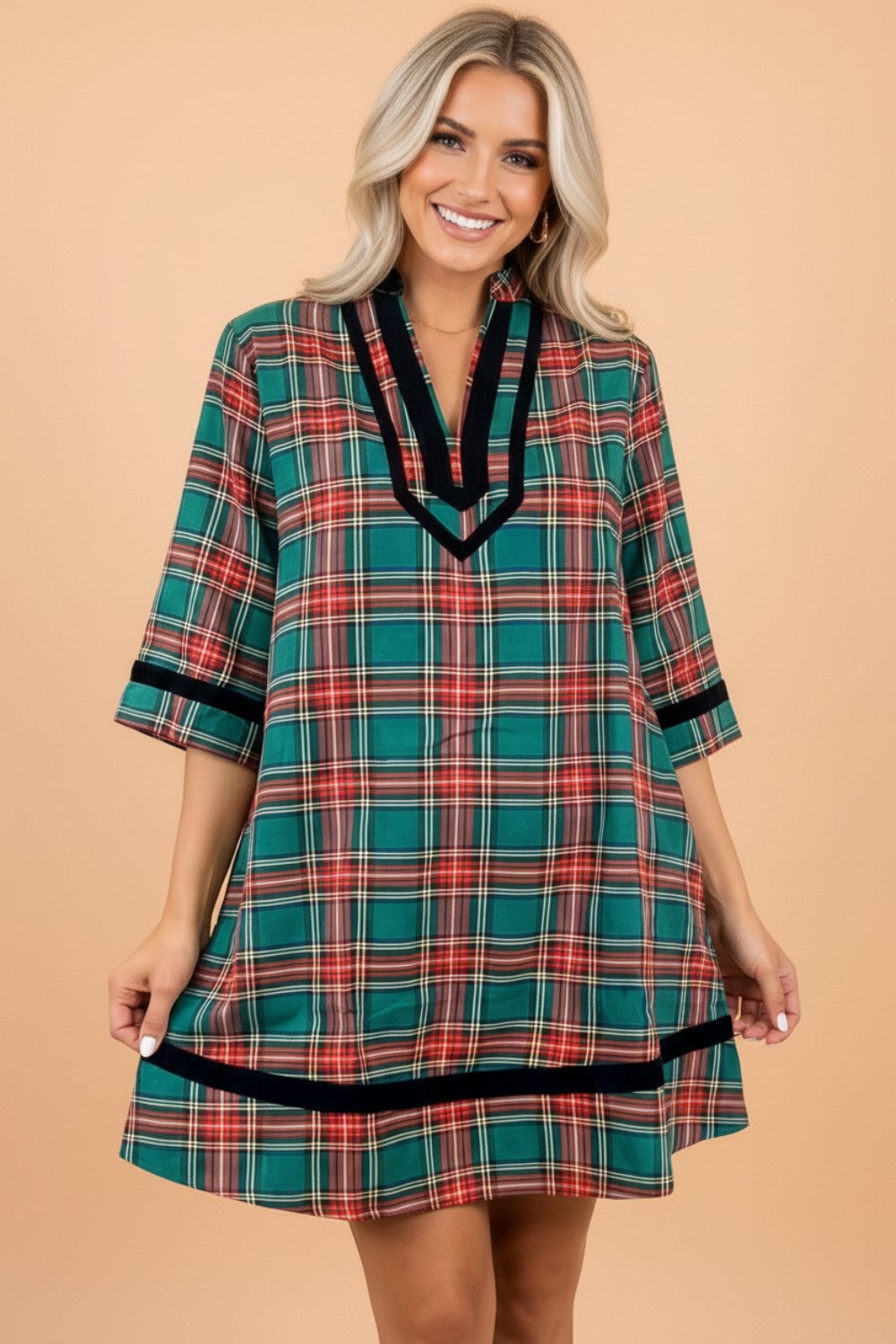 Plaid Velvet Contrast Trim 3/4 Sleeve Mini Dress, front view