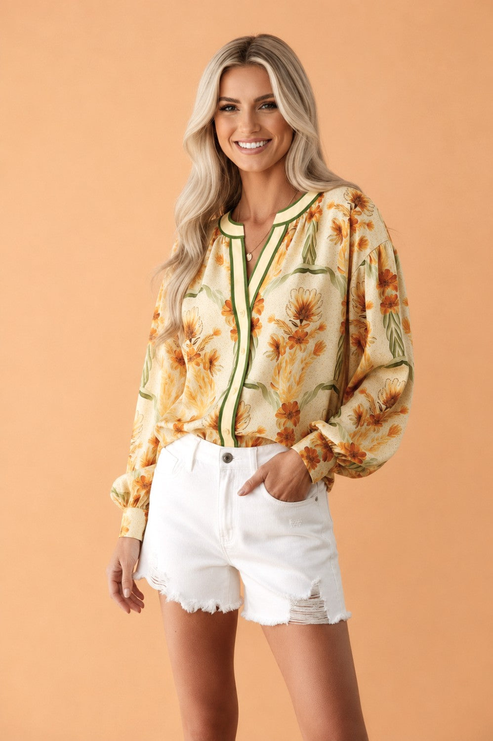Floral Stripe Contrast V-Neck Blouse in yellow, front view