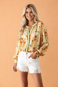 Floral Stripe Contrast V-Neck Blouse in yellow, front view