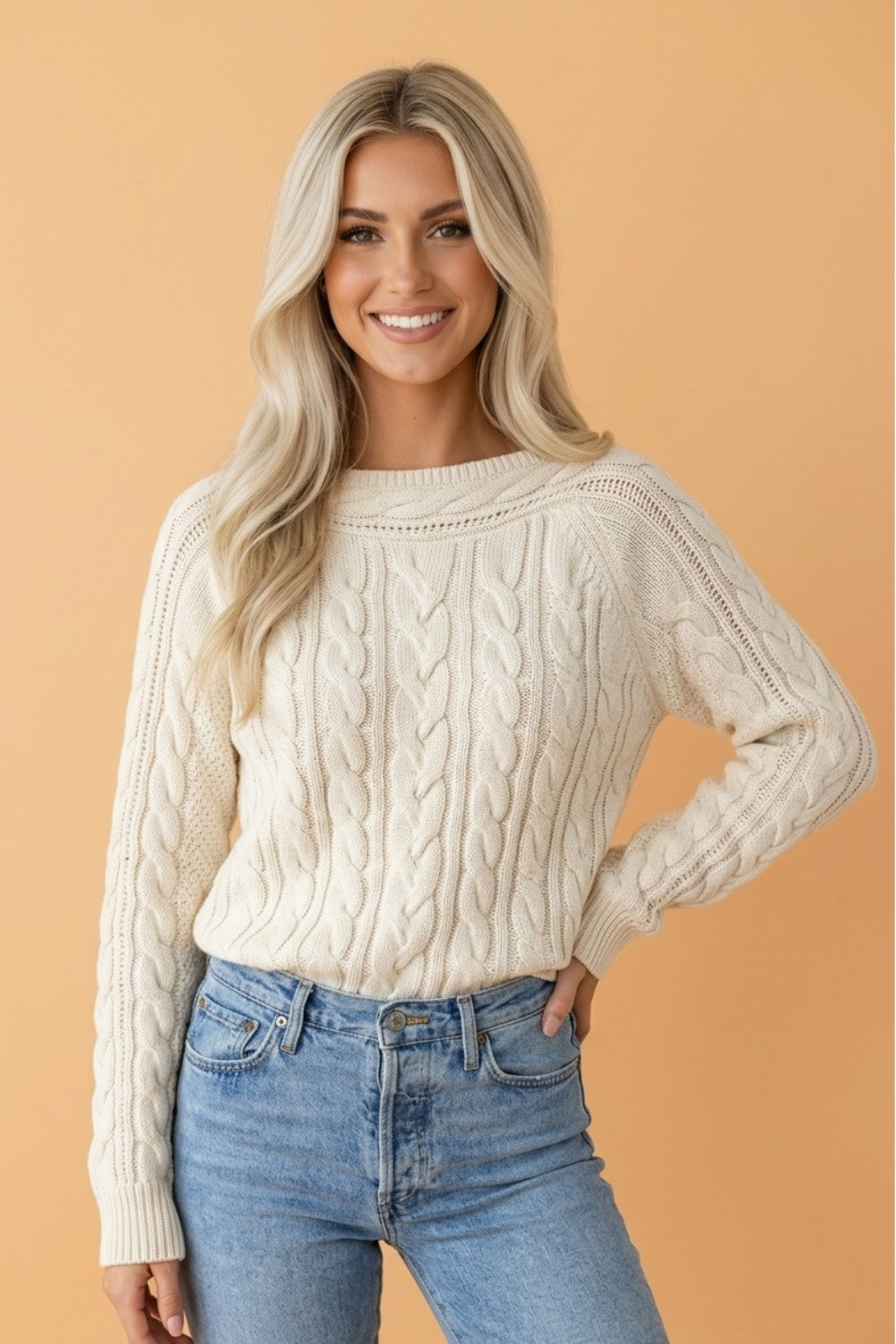 Cable Knit Round Neck Sweater in beige, front view