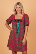 Plaid Lace Trim Square Neck Mini Babydoll Dress in Red, front view
