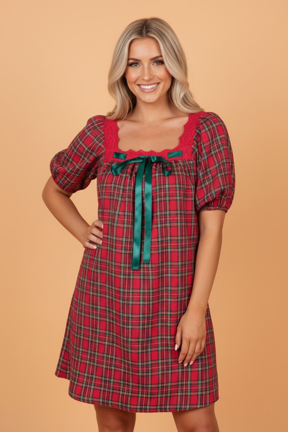 Plaid Lace Trim Square Neck Mini Babydoll Dress in Red, front view