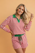 Stripe Colorblock Long Sleeve Collar Top and Shorts Set in Red Stripe, front view