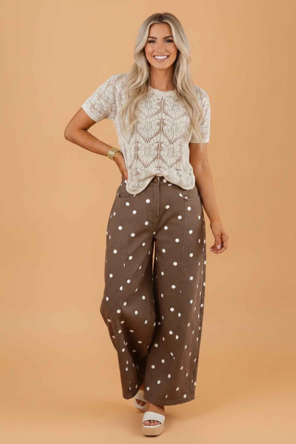Polka Dot Denim Barrel Leg Jeans in brown, front view