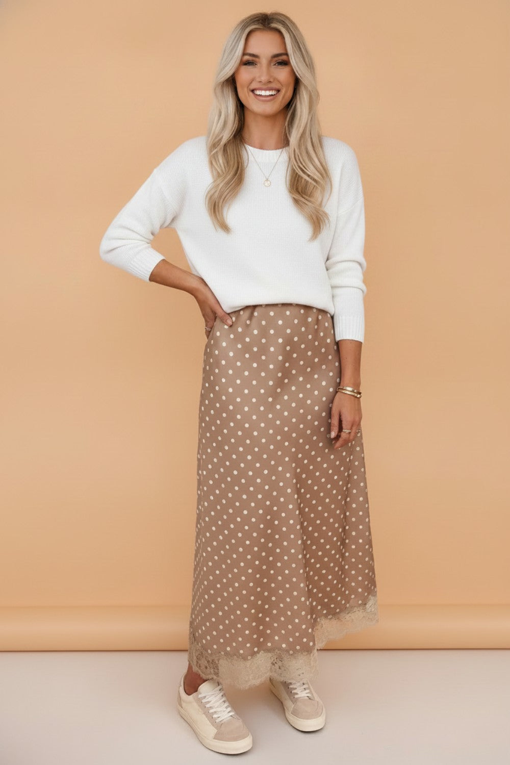 Polka Dot Lace Hem Midi Skirt side view