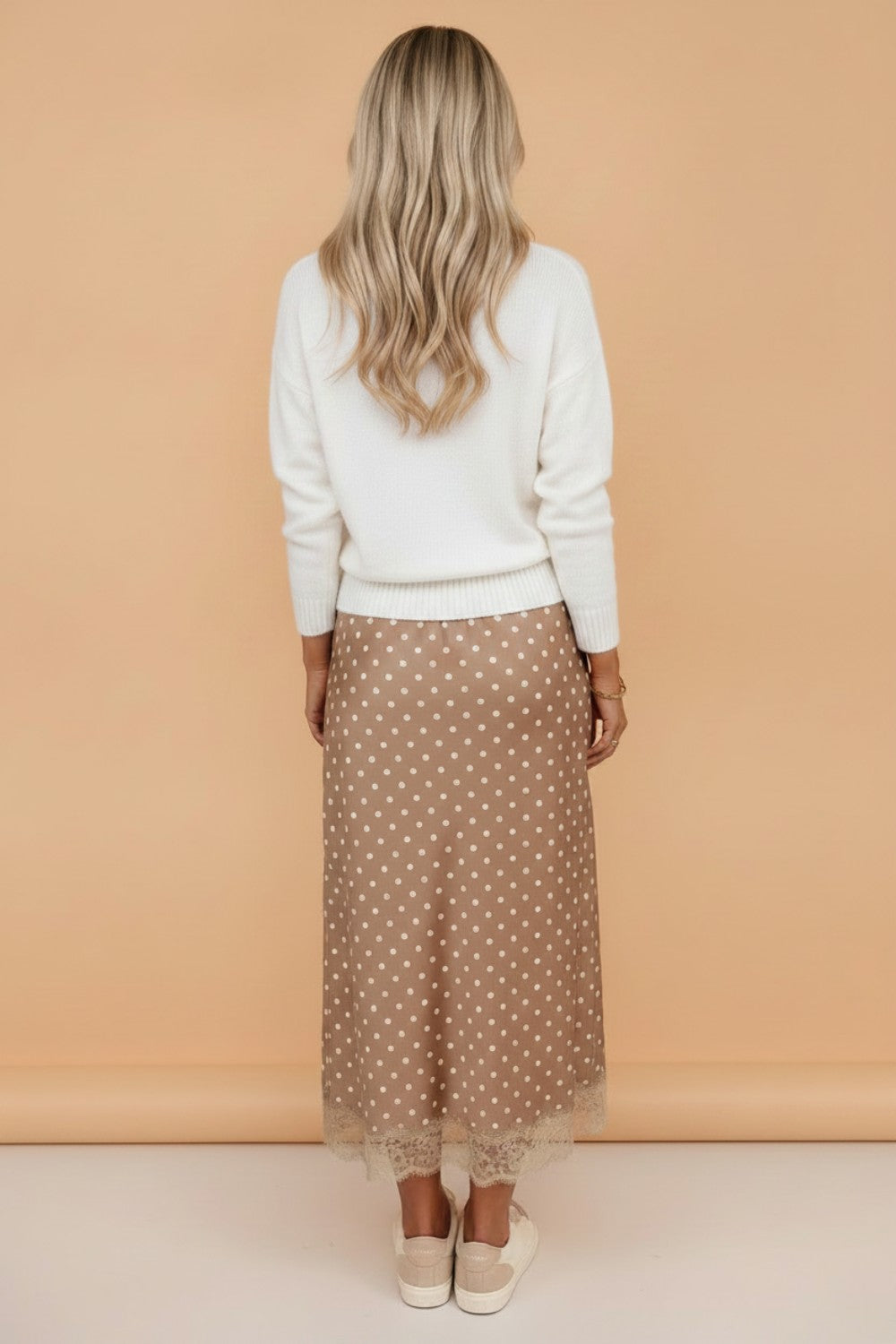 Polka Dot Lace Hem Midi Skirt close-up