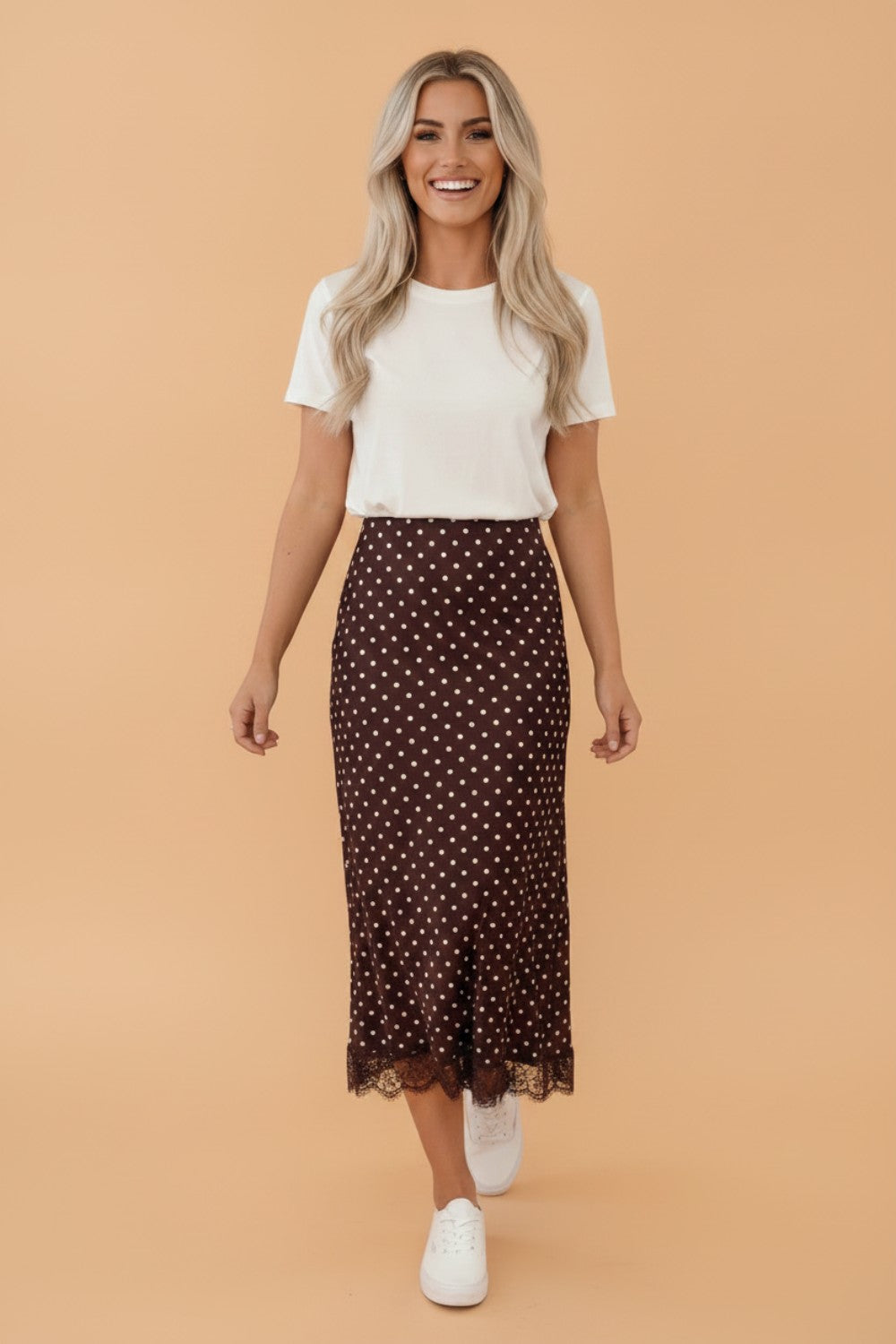 Polka Dot Lace Hem Midi Skirt front view