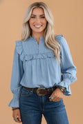 Chambray Ruffle V-Neck Blouse in beau blue, front view