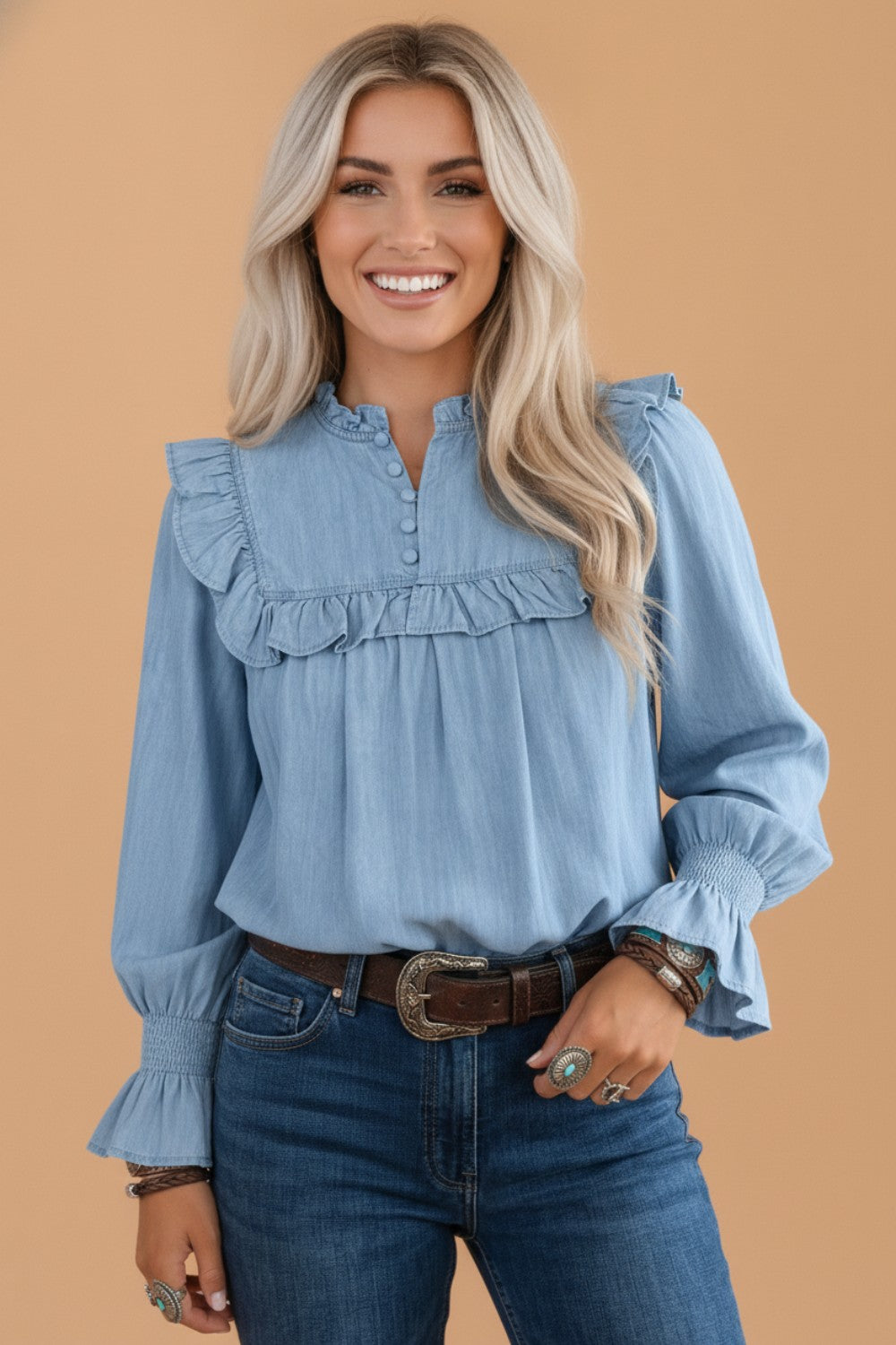 Chambray Ruffle V-Neck Blouse in beau blue, front view