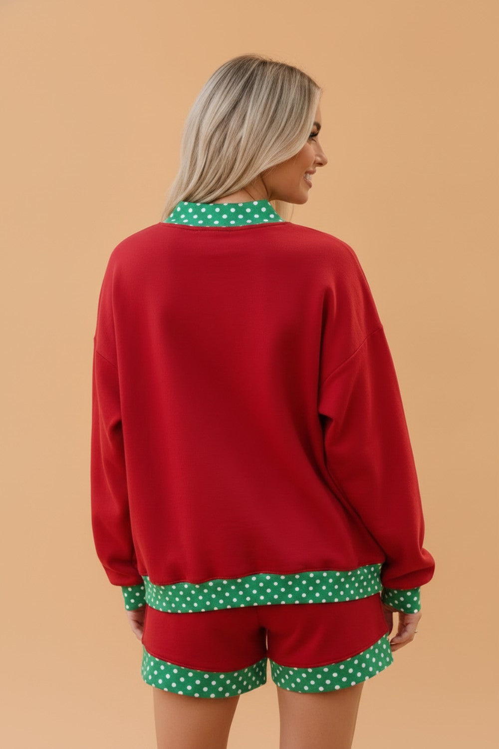 Polka Dot Contrast Trim Sweatshirt and Shorts Set in Dark Blue, detail view
