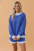 Polka Dot Contrast Trim Sweatshirt and Shorts Set in Dark Blue, styled view