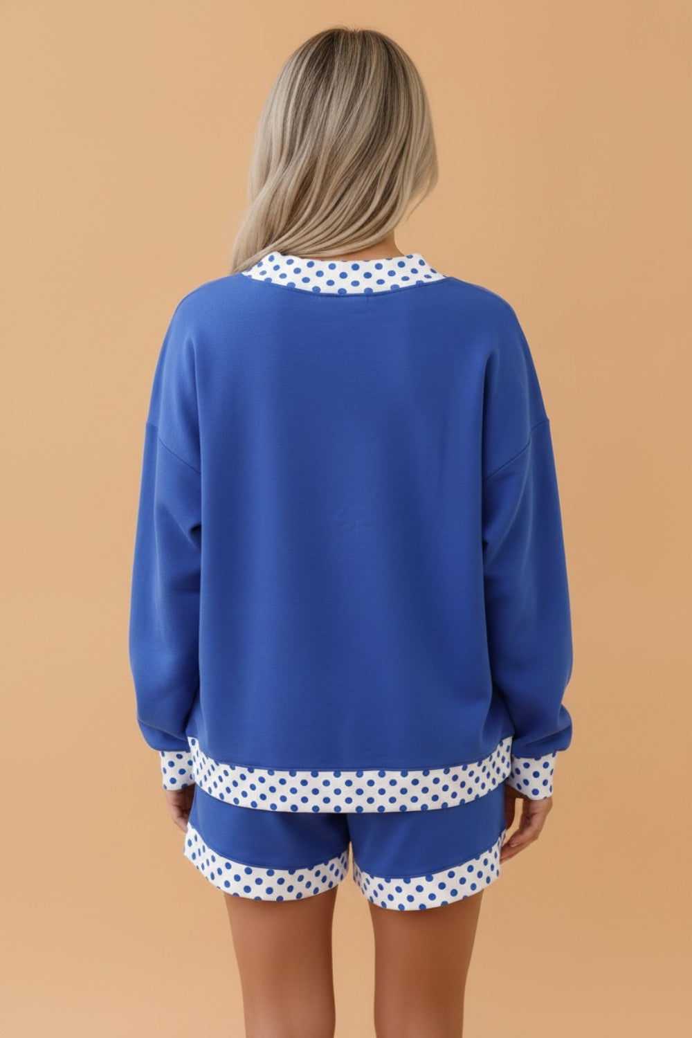 Polka Dot Contrast Trim Sweatshirt and Shorts Set in Dark Blue, back view