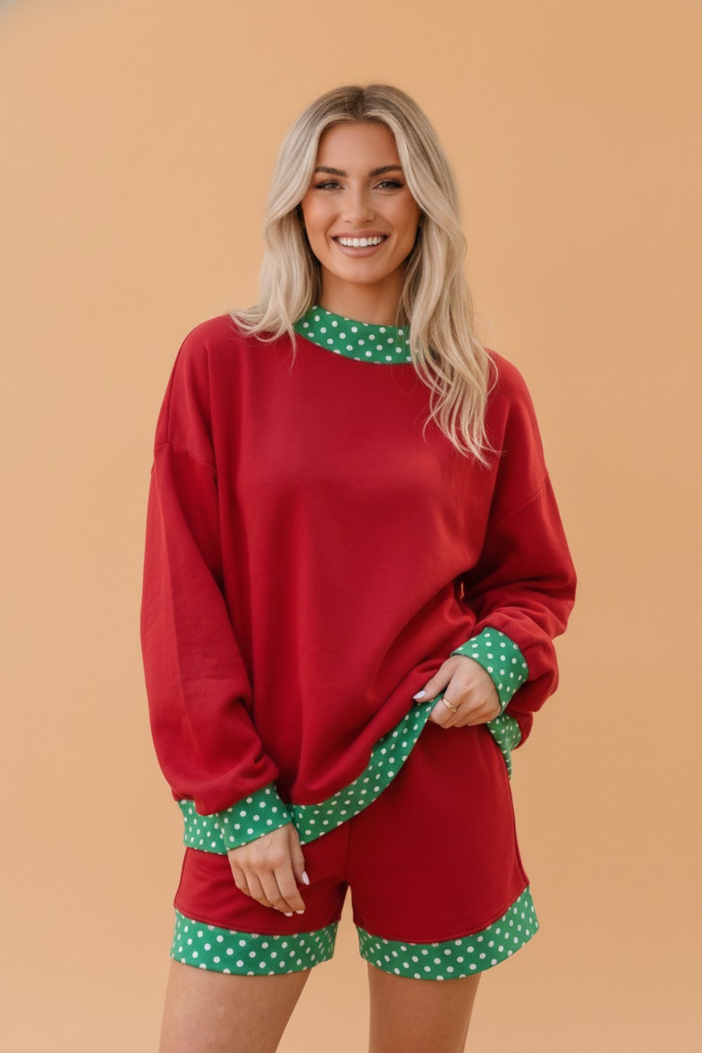 Polka Dot Contrast Trim Sweatshirt and Shorts Set in Dark Blue, front view