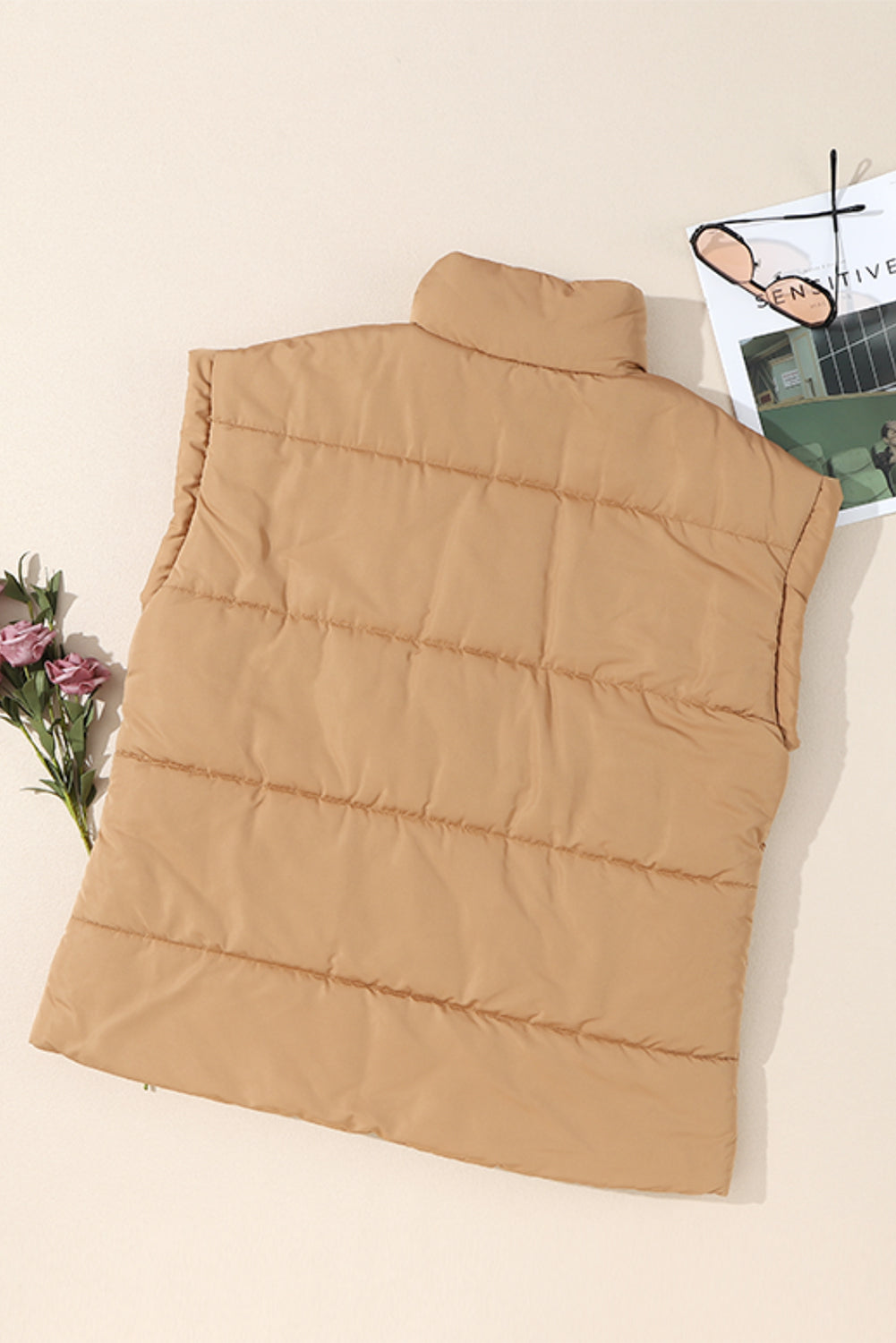 Standing Collar Zip-Up Puffer Vest in khaki, side view