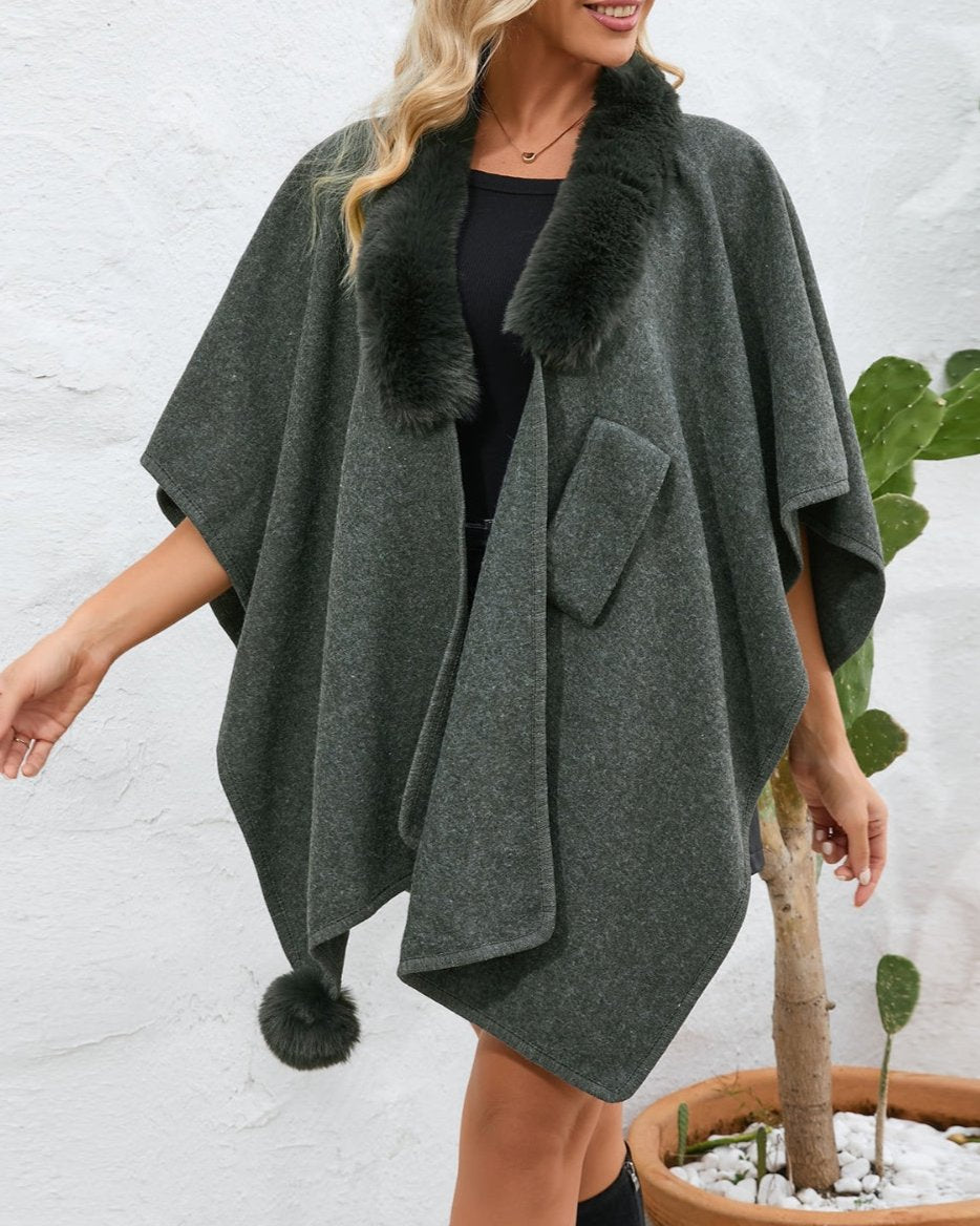 Fuzzy Trim Open Front Poncho