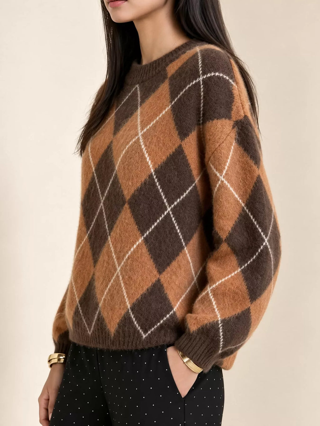 Argyle fuzzy knit sweater, women's relaxed fit - view 2