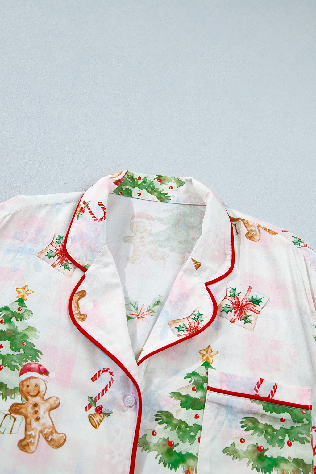 Christmas Bow Tie Pajama Set in pink, close-up