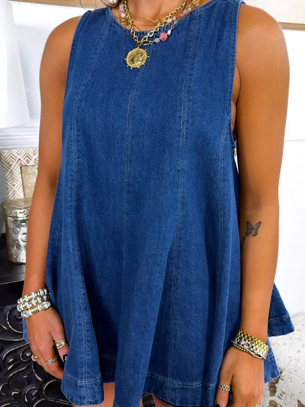 Sleeveless Top and Shorts Denim Set in Dark Blue, styled view