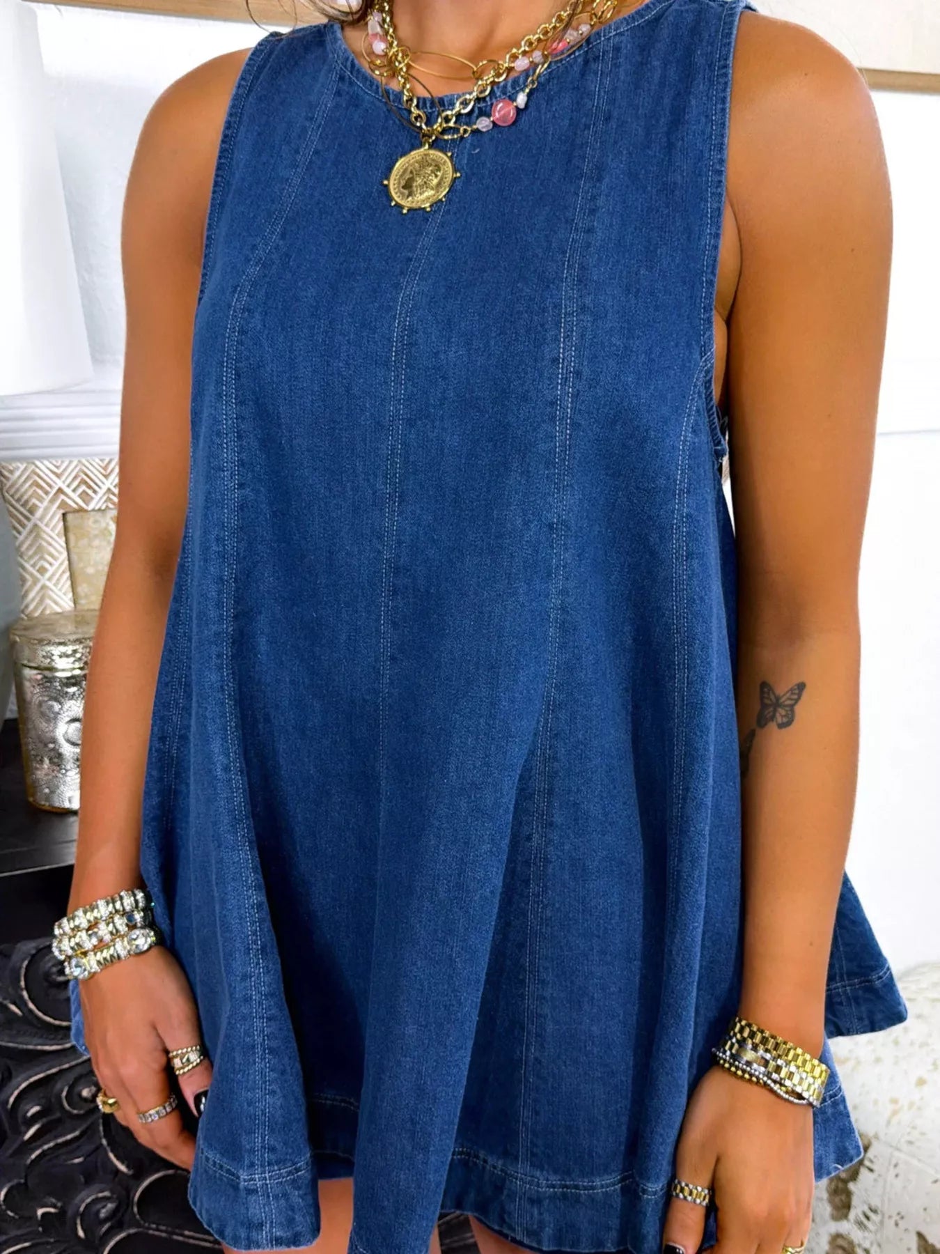 Sleeveless Top and Shorts Denim Set in Dark Blue, styled view