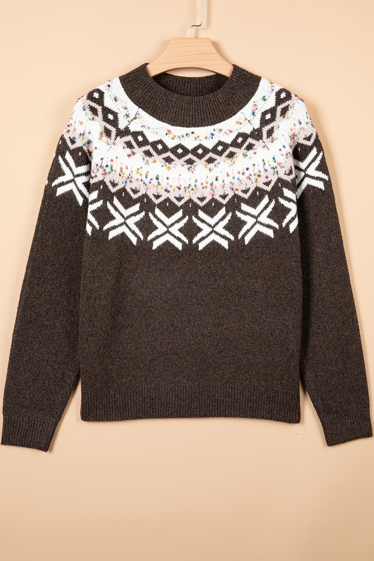 Christmas Fair Isle Raglan Sweater in chicory coffee and red dahlia, alternate view