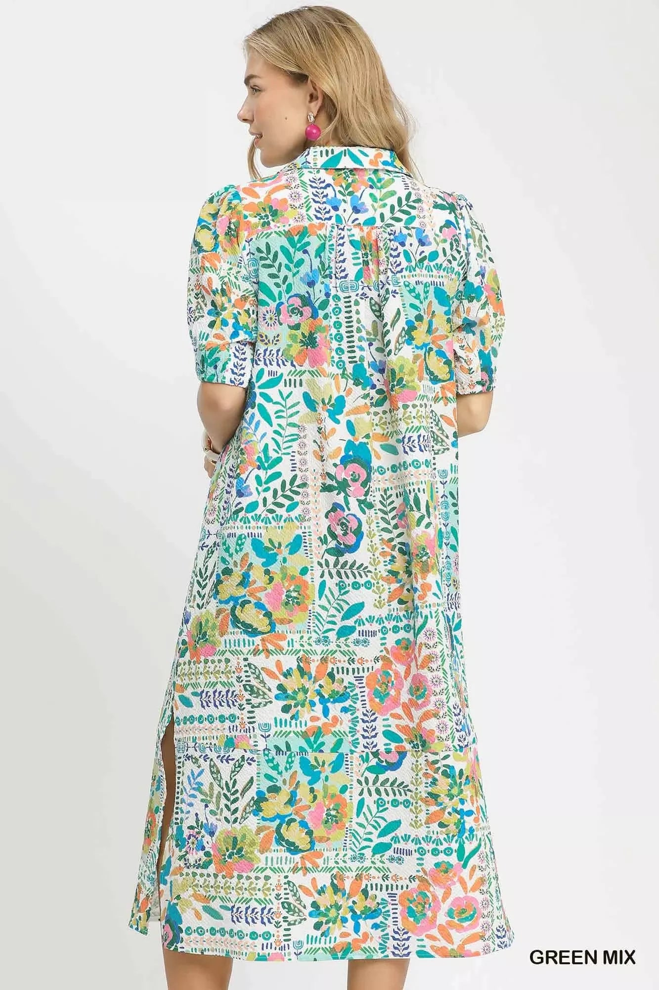 Umgee Folk Print Midi Dress in Green Mix - side view showing midi length and side pockets