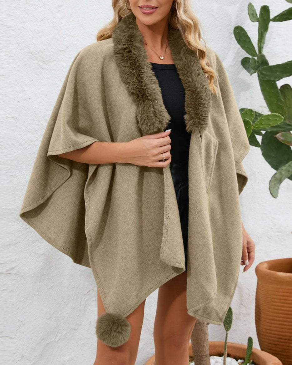 Fuzzy Trim Open Front Poncho