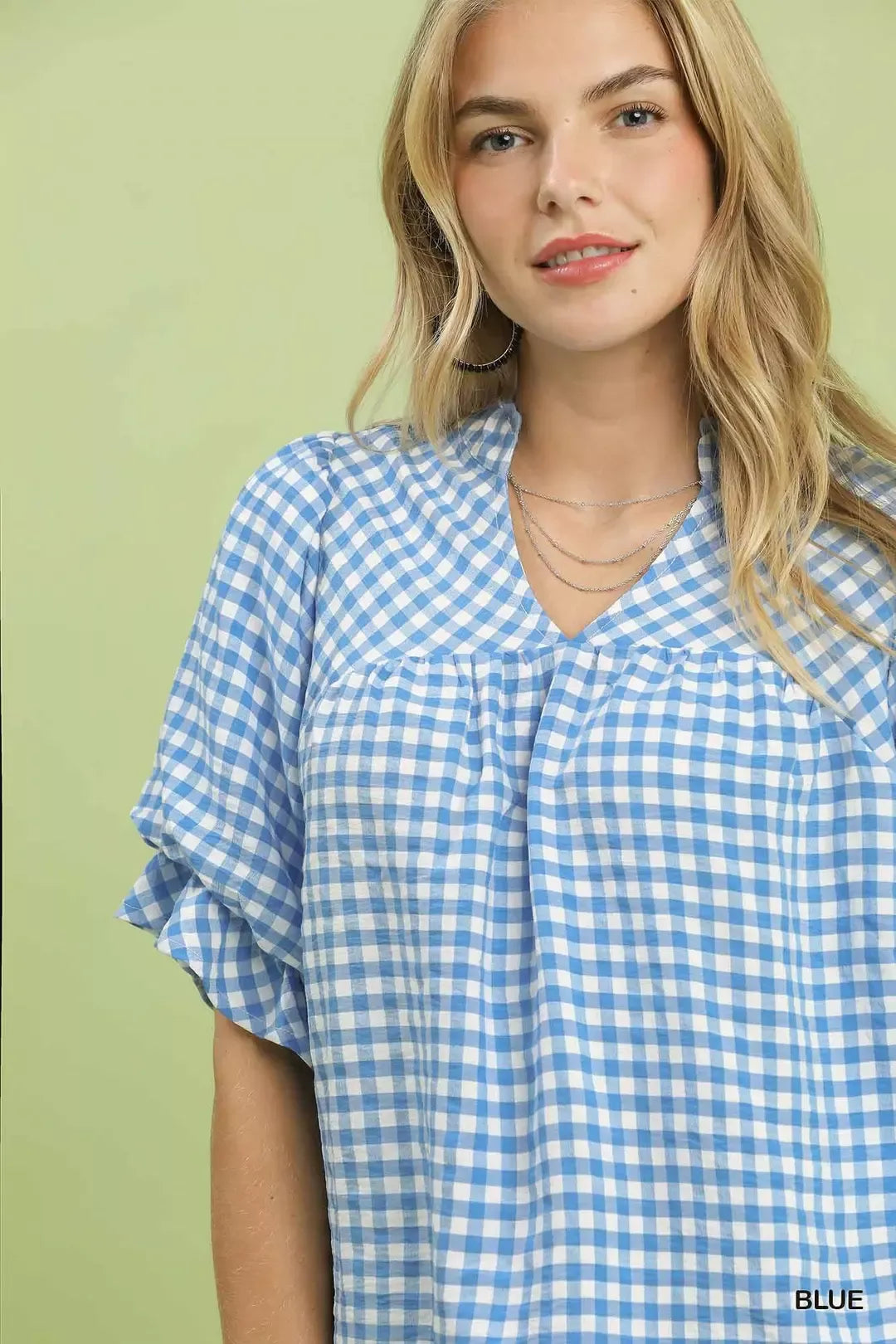 Umgee Gingham Check Blouse with Ruffle Sleeves in Blue - side view